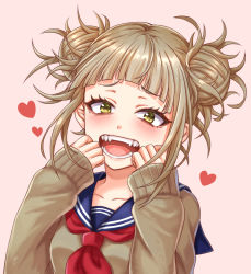 Rule 34 | 10s, 1girl, bad id, bad pixiv id, blush, boku no hero academia, breasts, brown hair, collarbone, double bun, hair bun, heart, looking at viewer, medium breasts, megiha, neckerchief, open mouth, pink background, red neckerchief, sailor collar, short hair, simple background, smile, solo, toga himiko, yellow eyes