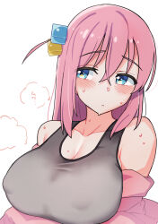 Rule 34 | 1girl, bare shoulders, blue eyes, blush, bocchi the rock!, breasts, cleavage, closed mouth, covered erect nipples, crossed bangs, cube hair ornament, gotoh hitori, grey tank top, hair between eyes, hair ornament, highres, jacket, large breasts, long hair, off shoulder, one side up, open clothes, open jacket, pink hair, pink jacket, simple background, solo, sweat, taketora suzume, tank top, upper body, white background