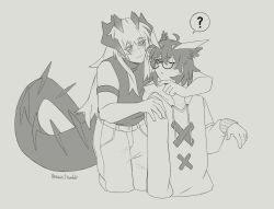 Rule 34 | 2girls, ?, animal ears, arkiwi, arknights, armband, artist name, bird ears, blush, closed mouth, commentary, dragon girl, dragon horns, dragon tail, drawstring, english commentary, feather hair, glasses, greyscale, heart, highres, hood, hoodie, horns, long sleeves, looking at another, medium hair, monochrome, multiple girls, one eye closed, parted lips, saria (arknights), shirt, silence (arknights), sleeveless, sleeveless shirt, smile, spoken heart, spoken question mark, tail, yuri