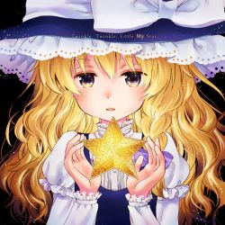 Rule 34 | 1girl, blonde hair, bow, english text, engrish text, frilled sleeves, frills, hat, hat bow, kirisame marisa, layered sleeves, long hair, long sleeves, looking at viewer, multicolored eyes, multiple sleeves, open mouth, puffy short sleeves, puffy sleeves, ranguage, short over long sleeves, short sleeves, siva, solo, star (symbol), touhou, upper body, wavy hair, white bow, witch, witch hat