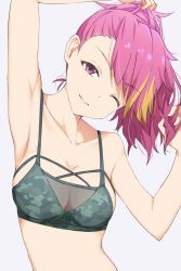 Rule 34 | 1girl, armpits, arms up, asymmetrical bangs, bad id, bad twitter id, bare arms, bare shoulders, blonde hair, bra, breasts, camouflage, camouflage bra, cleavage, collarbone, commentary request, grey background, hand in own hair, head tilt, highres, hiroki (yyqw7151), honeycomb (pattern), idolmaster, idolmaster million live!, looking at viewer, maihama ayumu, medium breasts, multi-strapped bra, multicolored hair, one eye closed, parted lips, ponytail, purple eyes, purple hair, see-through, simple background, smile, solo, streaked hair, underwear, underwear only, upper body