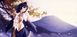 Rule 34 | 1girl, arm up, belt, black hair, black skirt, blurry, breasts, buttons, closed mouth, collared shirt, day, depth of field, expressionless, falling leaves, feathered wings, frilled skirt, frills, furahata gen, hand in own hair, hat, highres, landscape, leaf, medium breasts, mountain, neck ribbon, no lineart, outdoors, pointy ears, pom pom (clothes), ribbon, scenery, shameimaru aya, shirt, short sleeves, skirt, solo, tengu, tokin hat, touhou, tree, two-tone shirt, two-tone skirt, wind, wings