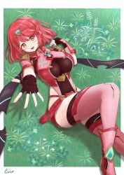 Rule 34 | 1girl, absurdres, blush, breasts, core crystal (xenoblade), covered navel, drop earrings, earrings, fingerless gloves, gloves, grass, highres, jewelry, large breasts, looking at viewer, pink thighhighs, pyra (xenoblade), reaching, reaching towards viewer, red eyes, red hair, red shorts, short hair, short shorts, shorts, signature, smile, solo, swept bangs, taro (peach taro51), thighhighs, tiara, xenoblade chronicles (series), xenoblade chronicles 2