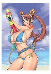Rule 34 | 1girl, beach, belt, bikini, bottle, breasts, brown hair, cleavage, covered erect nipples, gloves, green eyes, highres, huge breasts, kotoyoshi yumisuke, long hair, looking at viewer, navel, safety glasses, skindentation, solo, standing, string bikini, super soaker, swimsuit, tattoo, tongue, tongue out, twintails, water bottle