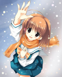 Rule 34 | 1girl, black eyes, blush, bow, brown hair, foreshortening, from above, hair ornament, kusari, looking up, orihara akeno, scarf, school uniform, short hair, skirt, smile, snow, solo, winter, yellow bow