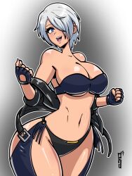 Rule 34 | 1girl, absurdres, angel (kof), artist name, blue eyes, bra, breasts, cleavage, fingerless gloves, gloves, highres, jacket, large breasts, legs, midriff, navel, open clothes, open jacket, open mouth, paddy g (terrybrogard), short hair, snk, solo, strapless, strapless bra, the king of fighters, thick thighs, thighs, underboob, underwear, white hair, wide hips