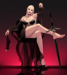 Rule 34 | 1girl, abbystea, angelise reiter, black choker, black dress, blonde hair, breasts, chain, chair, choker, cleavage, crossed legs, detached sleeves, dress, earrings, final fantasy, final fantasy xiv, forehead jewel, from below, highres, holding shoe, jewelry, large breasts, large pectorals, leg up, long hair, looking at viewer, original, pectorals, red background, red lips, shoes, single earring, single shoe, sitting, sword, weapon