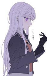 Rule 34 | 1girl, black gloves, black jacket, brown necktie, closed mouth, collared shirt, danganronpa: trigger happy havoc, danganronpa (series), gloves, hands up, highres, jacket, kirigiri kyoko, long hair, necktie, open clothes, open jacket, pink eyes, pink hair, pote (pote 39), profile, shirt, simple background, solo, translation request, upper body, white background