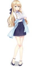 Rule 34 | 1girl, :d, badminton girls, bare legs, blonde hair, blouse, blue eyes, blue skirt, blush, bow, breast hold, breasts, full body, hair between eyes, hair bow, high heels, highres, long hair, long sleeves, looking at viewer, masuishi kinoto, natori maria, official art, open mouth, pleated skirt, shirt, skirt, smile, solo, transparent background, white background, white shirt