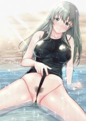 Rule 34 | 1girl, aga marino, bad id, bad twitter id, beach, black one-piece swimsuit, blush, breasts, clothes pull, female pubic hair, green eyes, green hair, kantai collection, large breasts, long hair, looking at viewer, one-piece swimsuit, one-piece swimsuit pull, pubic hair, sitting, spread legs, sunlight, suzuya (kancolle), swimsuit, water, wet, wet clothes, wet swimsuit