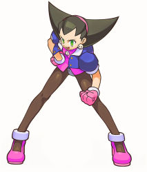 Rule 34 | 1girl, capcom, clenched hand, cropped jacket, crotch plate, earrings, full body, gloves, green eyes, hair slicked back, hairband, hand on own hip, high heels, ishikawa hideki, jacket, jewelry, leaning forward, legs apart, looking at viewer, mega man (series), mega man legends (series), official art, open clothes, open jacket, open mouth, pantyhose, pink hairband, puffy sleeves, simple background, solo, tron bonne (mega man), white background, wide stance