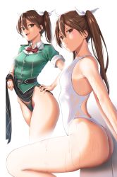 Rule 34 | 1girl, ass, black panties, bow, bowtie, breasts, brown eyes, brown hair, clothes lift, competition swimsuit, fang, hair between eyes, hair ribbon, hand on own hip, highres, kantai collection, lifted by self, long hair, looking at viewer, one-piece swimsuit, open mouth, panties, pelvic curtain, pelvic curtain lift, red neckwear, ribbon, ryudraw, simple background, sitting, smile, string panties, swimsuit, thighs, tone (kancolle), twintails, underwear, wet, white background, white one-piece swimsuit, white ribbon
