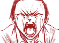Rule 34 | 1boy, blue archive, closed eyes, collared shirt, commentary request, crying, doodle sensei (blue archive), geulyeoom, korean commentary, male focus, meme, monochrome, oota kuniyoshi face (meme), open mouth, red theme, screaming, sensei (blue archive), shirt, simple background, solo, streaming tears, tears, teeth, upper body, v-shaped eyebrows, white background