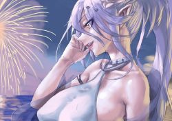 Rule 34 | 1girl, armlet, collarbone, commentary request, eyelashes, fireworks, flower, from side, granblue fantasy, hair flower, hair ornament, tucking hair, halterneck, hand to head, high ponytail, izmir, lips, long hair, night, ocean, open mouth, pointy ears, purple hair, see-through, shawl, smile, solo, tomiokasena, tsurime, very long hair, water, water drop, wet, yellow eyes