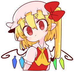 Rule 34 | 1girl, :/, ascot, blonde hair, blush stickers, bow, closed mouth, constricted pupils, cropped torso, eyebrows, eyes visible through hair, flandre scarlet, hair between eyes, hat, hat bow, head tilt, highres, long hair, looking at viewer, mob cap, no nose, one side up, op na yarou, pointy ears, puffy short sleeves, puffy sleeves, red bow, red eyes, red vest, short sleeves, simple background, solo, thick eyebrows, touhou, upper body, v-shaped eyebrows, vest, white background, white hat, wing collar, wings, yellow ascot