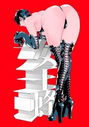 Rule 34 | 1boy, ass, backless outfit, bad id, bad twitter id, bent over, black hair, boots, bulge, closed mouth, cross-laced footwear, crossdressing, elbow gloves, gloves, ha1da, high heel boots, high heels, lace-up boots, looking at viewer, male focus, red background, shokudaikiri mitsutada, simple background, solo, thigh boots, thighhighs, touken ranbu, trap, yellow eyes
