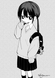 Rule 34 | 1girl, absurdres, backpack, bag, cardigan, collared shirt, commentary, cowboy shot, greyscale, highres, looking at viewer, low twintails, monochrome, original, parted lips, pleated skirt, shii595, shirt, short hair with long locks, signature, simple background, skirt, solo, sweat, symbol-only commentary, twintails, wavy mouth