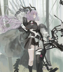 Rule 34 | 1girl, absurdres, arknights, asymmetrical legwear, bare shoulders, black hairband, bow (weapon), breasts, closed mouth, commentary request, compound bow, day, feet out of frame, hairband, highres, holding, holding bow (weapon), holding weapon, horn hairband, horns, long hair, medium breasts, outdoors, purple hair, red eyes, solo, standing, typhon (arknights), very long hair, weapon, yaruyan