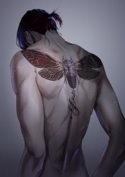 Rule 34 | 1boy, absurdres, back, back focus, back tattoo, blue hair, bug, commentary, completely nude, english commentary, facing away, facing down, from behind, grey background, highres, male focus, multicolored hair, nagai yuuan, nude, original, ponytail, purple hair, red hair, scar, scar on arm, scar on back, solo, streaked hair, tattoo, toned, toned male, upper body