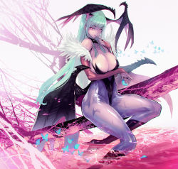 Rule 34 | 1girl, animal print, bare shoulders, bat print, bat wings, blue butterfly, breasts, bridal gauntlets, bug, butterfly, cleavage, clothing cutout, demon girl, finger to mouth, full body, green hair, head wings, heart cutout, high heels, highres, holding, index finger raised, insect, large breasts, leotard, lips, long hair, looking at viewer, low wings, maeshima shigeki, morrigan aensland, pantyhose, print pantyhose, purple pantyhose, purple wings, solo, vampire (game), very long hair, wings