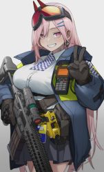 Rule 34 | 1girl, absurdres, ammunition belt, ammunition pouch, black gloves, blue jacket, blush, breasts, earrings, electroshock weapon, eyewear on head, feet out of frame, girls&#039; frontline, gloves, grey skirt, gun, hair ornament, hairclip, heart, heart earrings, highres, holding, holding gun, holding weapon, jacket, jewelry, kiryuu haru (445), large breasts, less-than-lethal weapon, long hair, looking at viewer, mole, mole under eye, neck tattoo, open clothes, open jacket, open mouth, pink hair, police, police uniform, policewoman, pouch, purple eyes, rifle, safety glasses, shirt, sig mcx, sig mcx (girls&#039; frontline), simple background, skirt, smile, solo, standing, taser, taser x26, tattoo, teeth, uniform, v, walkie-talkie, weapon, white shirt