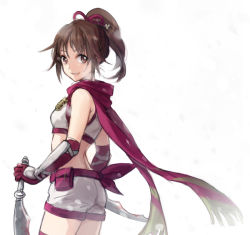 Rule 34 | 1girl, bad id, bad pixiv id, bare shoulders, brown hair, dual wielding, elbow gloves, gloves, hair ribbon, holding, knife, kunoichi (sengoku musou), long hair, looking at viewer, midriff, pink scarf, ponytail, red scarf, ribbon, riru, scarf, sengoku musou, shorts, simple background, smile, solo, white background