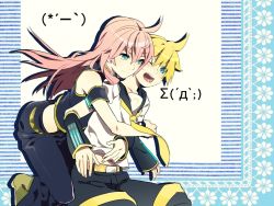Rule 34 | 1boy, 1girl, ;o, age difference, ahoge, aqua eyes, armband, bare shoulders, belt, bent over, black skirt, blonde hair, blue eyes, blush, boots, couple, detached sleeves, emoticon, girl on top, hair between eyes, hug, hug from behind, kagamine len, keishi, kneeling, long hair, long skirt, looking at another, looking to the side, megurine luka, midriff, neck, necktie, one eye closed, open mouth, pink hair, round teeth, school uniform, short hair, shorts, sigma (symbol), sitting, skirt, sleeveless, smile, teeth, vocaloid, wince, yellow necktie