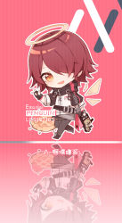 Rule 34 | 1girl, :d, apple, apple pie, arknights, black footwear, black gloves, black pantyhose, black skirt, boots, character name, chibi, chinese text, clothes writing, detached wings, energy wings, exusiai (arknights), fingerless gloves, food, fruit, full body, gloves, gun, hair over one eye, halo, hand up, highres, holding, holding gun, holding weapon, jacket, kriss vector, open mouth, orange eyes, pantyhose, red background, red hair, reflection, renren, simple background, skirt, sleeves past wrists, smile, solo, submachine gun, translation request, w, weapon, white jacket, wings