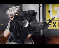 Rule 34 | 1girl, absurdres, ahoge, aiming, animal ears, assault rifle, black gloves, buttons, commentary, denim, dog tags, ear piercing, eotech, foregrip, gloves, grey eyes, grey hair, grey shirt, gun, h&amp;k hk416, hair between eyes, highres, holding, holding weapon, hololive, jeans, lion ears, lion girl, pants, piercing, rifle, shirt, shishiro botan, shishiro botan (button-down), sleeves rolled up, solo, tomii (tomii comet), unbuttoned, unbuttoned shirt, unbuttoned sleeves, upper body, virtual youtuber, weapon, white shirt