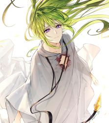 Rule 34 | 1other, androgynous, artist name, blood, blood on clothes, collarbone, ede, enkidu (fate), fate/grand order, fate (series), floating hair, from above, green hair, hair between eyes, highres, jewelry, kingu (fate), lips, long hair, long sleeves, looking up, necklace, neckwear request, other focus, purple eyes, robe, simple background, smile, solo, standing, torn clothes, torn robe, twitter username, very long hair, white background, white robe, wide sleeves