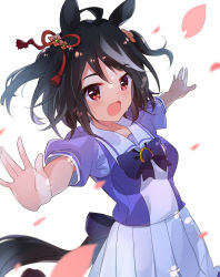 Rule 34 | 1girl, :d, ahoge, animal ears, black bow, black hair, bow, breasts, commentary request, hidejiu, highres, horse ears, horse girl, horse tail, kitasan black (umamusume), looking at viewer, multicolored hair, open mouth, outstretched arms, petals, pleated skirt, puffy short sleeves, puffy sleeves, purple shirt, red eyes, shirt, short sleeves, simple background, skirt, small breasts, smile, solo, spread arms, streaked hair, tail, two side up, umamusume, white background, white hair, white skirt