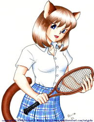 Rule 34 | 00s, 1girl, 2002, animal ears, bewildered, blue eyes, blue skirt, breasts, brown hair, cat ears, cat girl, cat tail, collarbone, holding, looking at viewer, medium breasts, plaid, plaid skirt, racket, shirt, short hair, short sleeves, simple background, skirt, solo, standing, tail, tennis racket, traditional media, white background, white shirt