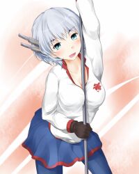 Rule 34 | 1girl, bayloupe, between breasts, blue eyes, blue skirt, blush, breasts, brown gloves, commentary request, cowboy shot, dragon print, fang, gloves, grey hair, hair between eyes, holding, holding polearm, holding weapon, large breasts, long sleeves, looking at viewer, medium bangs, medium hair, miniskirt, open mouth, pleated skirt, polearm, robot ears, shin (highest1192), shirt, skirt, solo, steel glove, toaru majutsu no index, weapon, white shirt