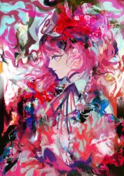 Rule 34 | 1girl, abstract, blue headwear, blue kimono, commentary, frilled kimono, frills, from side, fu~ai, ghost, highres, japanese clothes, kimono, looking at viewer, neck ribbon, pink hair, ribbon, saigyouji yuyuko, short hair, smile, touhou, traditional media, triangular headpiece, upper body, veil