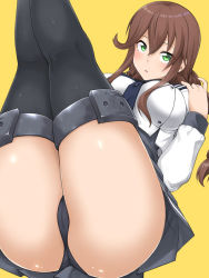 Rule 34 | 1girl, black panties, black thighhighs, blush, braid, breasts, brown hair, cameltoe, cleft of venus, cropped jacket, green eyes, hair between eyes, jacket, kantai collection, large breasts, legs up, long hair, long sleeves, looking at viewer, mikagami sou, noshiro (kancolle), open mouth, panties, sidelocks, simple background, skirt, solo, thighhighs, thighs, twin braids, underwear, yellow background