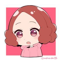 Rule 34 | 10s, 1girl, :o, blush, brown eyes, brown hair, commentary request, do m kaeru, okumura haru, open mouth, persona, persona 5, pink sweater, ribbed sweater, short hair, sweater, twitter username, upper body