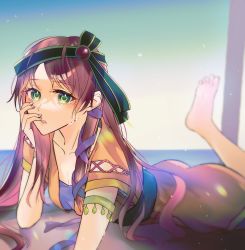 Rule 34 | 1girl, armlet, ass, barefoot, blurry, blurry background, bracelet, breasts, brown hair, chrono cross, cleavage, dress, feet up, foot out of frame, green eyes, green hairband, hair ribbon, hairband, hand on own face, highres, jewelry, leena (chrono cross), long hair, looking at viewer, lying, medium breasts, on stomach, orange tunic, parted lips, purple dress, purple ribbon, ribbon, sidelocks, solo, wet, wet clothes, wet hair, zato (chro1118)