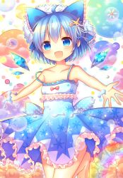 Rule 34 | 1girl, :d, adapted costume, ahoge, blue eyes, blue hair, bow, cirno, coa (chroo x), collarbone, hair bow, hair ornament, ice, ice wings, leg lift, matching hair/eyes, open mouth, outstretched arms, smile, snowflake print, solo, star (symbol), star hair ornament, starfish hair ornament, strap slip, touhou, wings