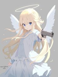 Rule 34 | 2023, angel, blonde hair, blue dress, blush, clenched hand, closed mouth, cowboy shot, dress, frills, frown, grey background, gun, halo, handgun, high contrast, highres, holding, holding gun, holding weapon, long hair, long sleeves, looking at viewer, merryhime, original, sig sauer p320, signature, trigger discipline, weapon, white wings, wind, wings, yellow halo