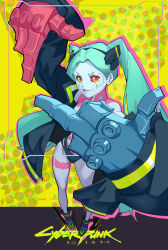 Rule 34 | 1girl, achee, aqua hair, artificial eye, breast covered, cyberpunk (series), cyberpunk edgerunners, framed, highres, jacket, lips, looking at viewer, mechanical hands, middle finger, panties, rebecca (cyberpunk), red eyes, robot hand, shoes, smile, tattoo, twintails, underwear, yellow background