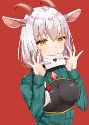 Rule 34 | 1girl, animal ears, bad id, bad pixiv id, blush, bodysuit, bow, breasts, brooch, center opening, cleavage, commentary request, envelope, goat ears, goat horns, green sweater, hair between eyes, hair bow, hands up, heart, highres, holding, holding envelope, horns, itoi toi, jewelry, letter, long hair, long sleeves, looking to the side, love letter, medium breasts, mouth hold, original, red background, red bow, ribbed sweater, simple background, solo, sweater, upper body, white hair, yellow eyes
