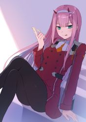 Rule 34 | 10s, 1girl, bad id, bad twitter id, black pantyhose, blush, bodysuit, breasts, crossed legs, darling in the franxx, food on hand, green eyes, honey, horns, long hair, long sleeves, looking at viewer, medium breasts, orange neckwear, pantyhose, pink hair, red bodysuit, rurudo, solo, tongue, tongue out, uniform, zero two (darling in the franxx)