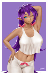 Rule 34 | 1girl, arm behind head, arm up, armpits, bare arms, blue eyes, border, breasts, closed mouth, collarbone, commentary, cowboy shot, crop top, crop top overhang, dark-skinned female, dark skin, easonx, english commentary, hair down, hand on own hip, highres, large breasts, long hair, looking at viewer, messy hair, midriff, navel, pants, pointy ears, purple background, purple hair, shantae, shantae (series), signature, sleeveless, solo, standing, very long hair, white pants