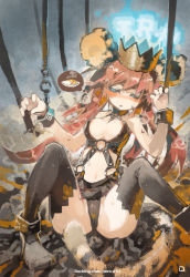 Rule 34 | 1girl, animal ears, arms up, bad id, bad pixiv id, blue eyes, blush, breasts, chain, cleavage, crown, cuffs, curry, food, highres, konno takashi (frontier pub), long hair, open mouth, original, restrained, rockingchair hero, shackles, smile, solo, spread legs, sweater, tail, thighhighs, thought bubble, zettai zetsumei eiyuu