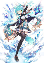 Rule 34 | 1girl, :d, animal ear fluff, animal ears, aqua hair, arms up, black dress, black footwear, black gloves, black thighhighs, blush, commentary request, dress, fang, fingerless gloves, full body, gloves, green eyes, hair between eyes, head tilt, highres, long sleeves, looking at viewer, mamuru, open mouth, original, shoes, smile, solo, standing, standing on one leg, tail, thighhighs, wide sleeves, wolf ears, wolf girl, wolf tail