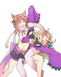 Rule 34 | 2girls, abdominal stretch, ahoge, animal ears, blush, boots, cape, cat, cat ears, cat girl, cat tail, circlet, closed eyes, fire emblem, fire emblem awakening, fire emblem fates, fire emblem heroes, gloves, green hair, hairband, halloween, highres, jaegan, long hair, multiple girls, multiple tails, navel, nekomata, nintendo, nowi (fire emblem), open mouth, pink hair, pointy ears, red eyes, red hair, sakura (fire emblem), short hair, smile, tail, thighhighs, two tails, witch, wrestling