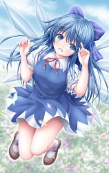 Rule 34 | 1girl, aged up, akino irori, alternate hair length, alternate hairstyle, blue bow, blue dress, blue eyes, blue hair, bow, breasts, cirno, cloud, cloudy sky, collared shirt, commentary request, day, dress, field, flower, flower field, grass, hair between eyes, hair bow, highres, ice, ice wings, loafers, long hair, looking at viewer, medium breasts, neck ribbon, open mouth, petals, pinafore dress, puffy short sleeves, puffy sleeves, red ribbon, ribbon, shirt, shoes, short sleeves, sidelocks, sky, sleeveless dress, socks, solo, touhou, white shirt, white socks, wings