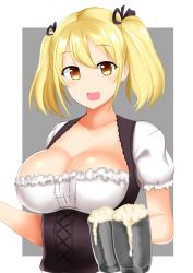 Rule 34 | 1girl, :d, absurdres, alcohol, andy (luffytaku), beer, beer mug, blonde hair, breasts, brown eyes, cleavage, cup, dirndl, german clothes, hair ribbon, highres, large breasts, looking at viewer, mug, oktoberfest, open mouth, original, ribbon, short twintails, smile, solo, twintails, underbust, upper body, waitress, yellow eyes