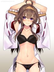 Rule 34 | 1girl, ahoge, aiguillette, armpits, arms up, bare shoulders, black bra, black panties, blush, bra, breasts, brown hair, cleavage, closed mouth, collarbone, commentary request, cowboy shot, detached sleeves, double bun, hair between eyes, hair bun, hairband, has bad revision, headgear, japanese clothes, kantai collection, kongou (kancolle), kongou kai ni (kancolle), large breasts, long hair, looking at viewer, nontraditional miko, panties, purple eyes, shirokitsune, side-tie panties, sidelocks, simple background, smile, solo, twitter username, underwear, white background, wide sleeves