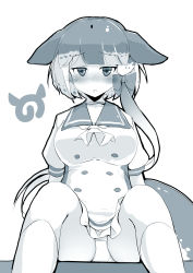Rule 34 | 10s, 1girl, absurdres, ascot, blush, bow, cetacean tail, dress, fins, fish tail, frilled dress, frills, frown, greyscale, hair bow, highres, japari symbol, kanzakietc, kemono friends, looking at viewer, monochrome, multicolored hair, narwhal (kemono friends), nose blush, panties, puffy short sleeves, puffy sleeves, sailor dress, short dress, short hair with long locks, short sleeves, simple background, sitting, solo, tail, underwear, white background